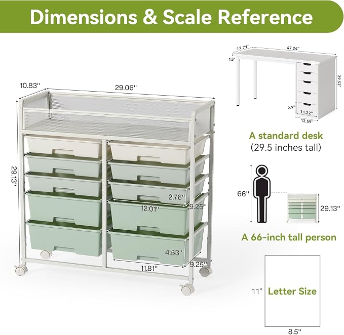 Rolling Craft Cart with Wheels and 10 Drawers, Art Cart Organizer and Storage, Rolling Storage Cart for Organizing Crafts, Yarn, Toys, School Supplies, etc