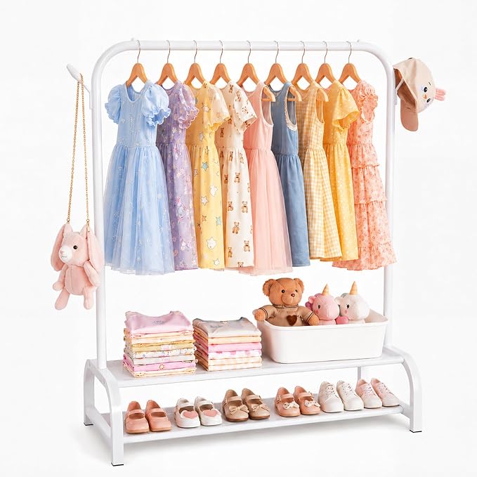 Kids Clothing Rack with 2 Fabric Storage Shelves & Hooks, Portable Kids Clothes Rack for Coats Skirts, Small Toddler Hanging Clothes Organizer, Kids Closet Storage Unit, Off White