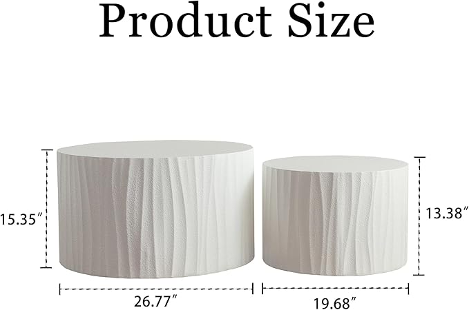 Nesting Coffee Table Set of 2, Modern Round Wooden Drum Side End Coffee Tables for Living Room, Bedroom, White-03