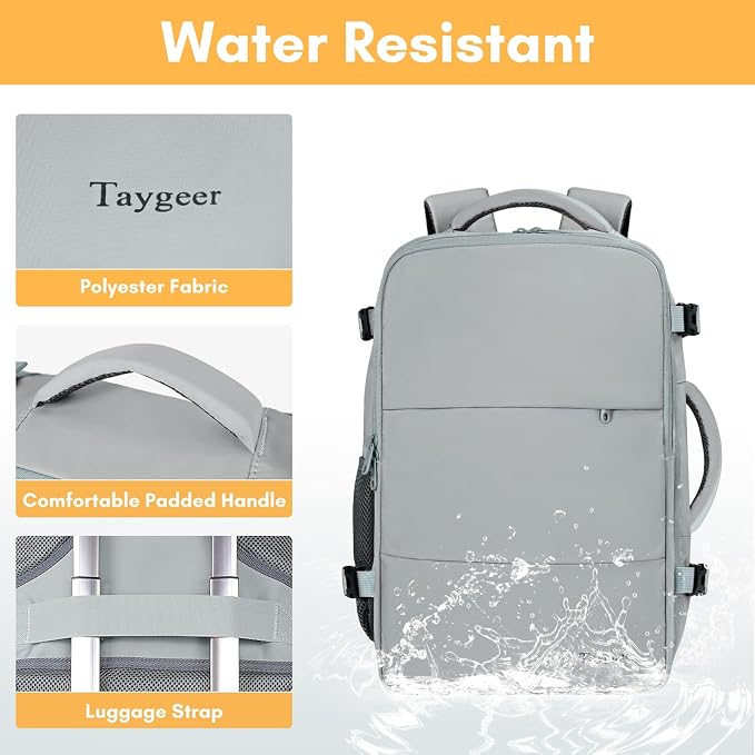 Taygeer Carry On Backpack, Womens Travel Backpack with Water Bottle Pocket | Laptop Mochila 15.6inch Flight Approved with Shoe Pouch, College Teacher Tote Bag for Business Travel Supplies, Grey