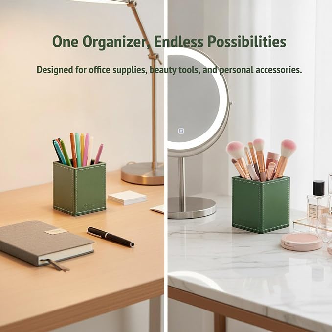 UnionBasic Square Pens Pencils Cup Holder Desk Stationery Organizer, Selected Faux Leather, Malachite Green