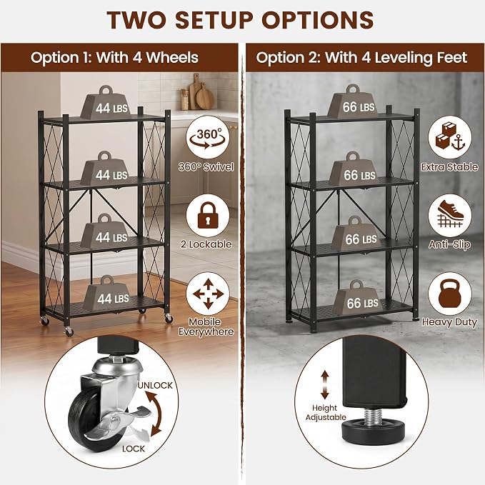 ALANNG 4 Tier Folding Storage Shelf on Wheels,Heavy Duty Metal Rolling Cart | 264 lbs Capacity, No Tools Assembly, Folds to 3.9", Lockable Casters, Portable for Kitchen Laundry Garage