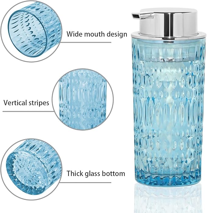 Foam Soap Dispenser, Glass Foaming Hand Soap Dispenser with Pump, 14 Oz Bathroom Refillable Liquid Lotion Pump Bottle Container for Kitchen Countertop Decor (1, Blue Silver)
