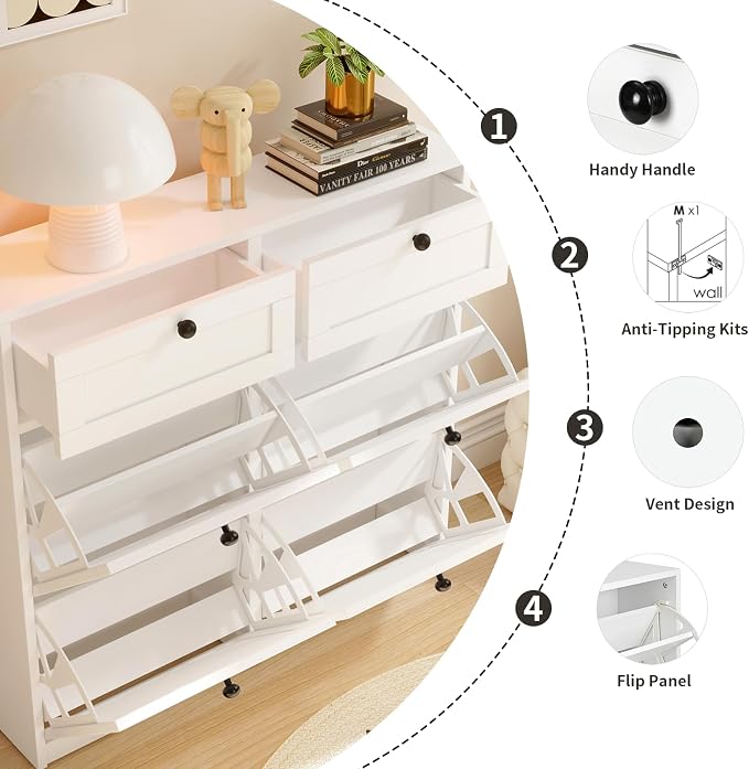 VOWNER Shoe Cabinet with 4 Flip Drawers & 2 Drawers, Freestanding Shoe Storage Cabinet with Adjustable Shelves, Shoe Organizer for Entryway, Hallway, Living Room (White)