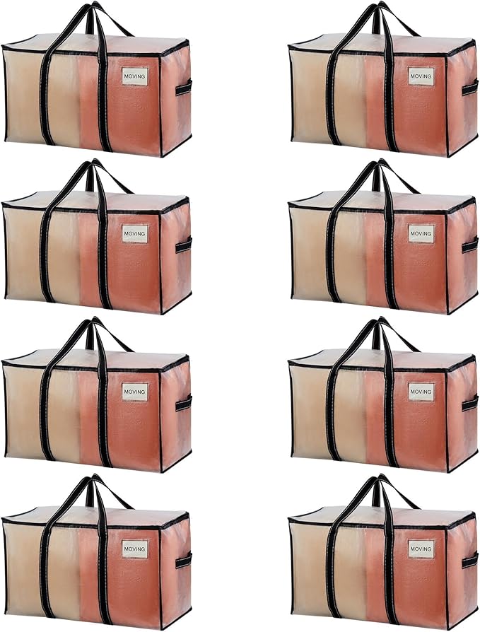 VENO 8 Pack Clear Moving Bags, 90L Extra Large Transparent Storage Totes, Heavy Duty 50lbs Load, Reinforced Handles, Zippers & Tag, See-Through Packing Boxes for Organizing Closet, Bedding, Clothes