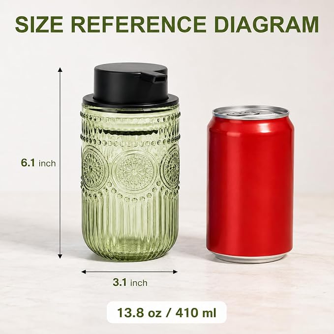 Foam Hand Soap Dispenser Glass, Green Foaming Hand Soap Dispenser | Reusable Foam Soap Dispenser with Black Foam Pump for Bathroom, Kitchen Decor,13.8 oz Large Capacity