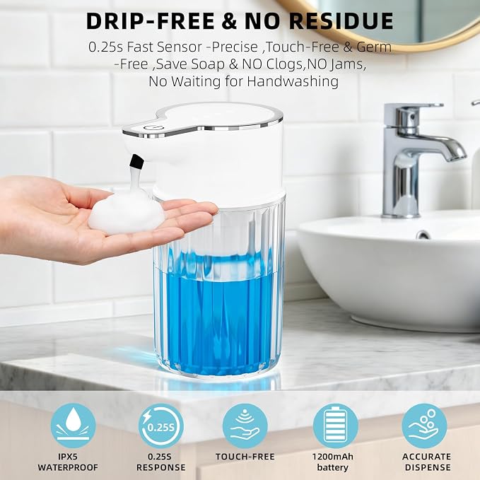 Automatic Foam Soap Dispenser Touchless, 12oz Rechargeable Soap Dispenser with 4 Adjustable Levels, Auto Hand Soap Dispenser for Kitchen, Bathroom Countertop, Wall Mounted, IPX5 Waterproof