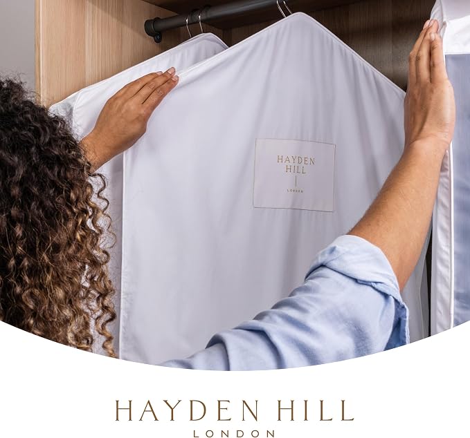 Hayden Hill Luxury Organic Cotton Garment Bag for Hanging Clothes Long 58" | Full Length Breathable Dress Bag, Moth Proof Hanging Storage Bag, For Closet Storage, Certified Carbon Neutral, White