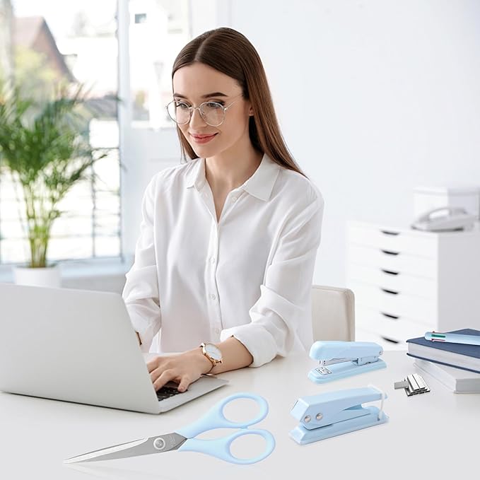 Blue Desk Accessory Kit Cute Office Supplies Set Desktop Stapler Set Includes Staple Remover Hole Punch Tape Dispenser Ballpoint Pen Scissor Mini Box Cutter Tape Measure Paper Clips Sticky Notes