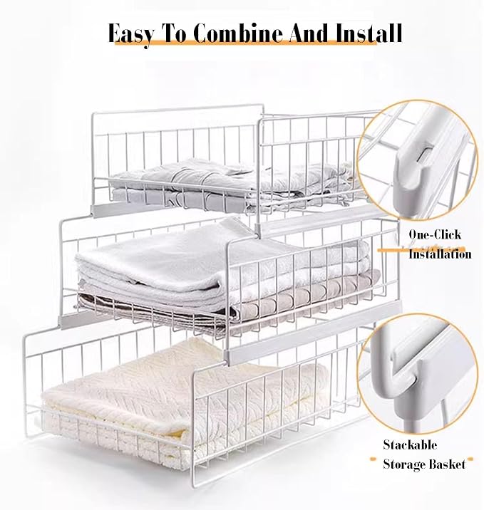 2-4 Tier Expandable Cabinet Pull Out Basket,Carbon Steel Stackable Shelf Baskets Organizer,Stackable Storage Bins,for Office Bathroom Bedroom,White-3 Tier