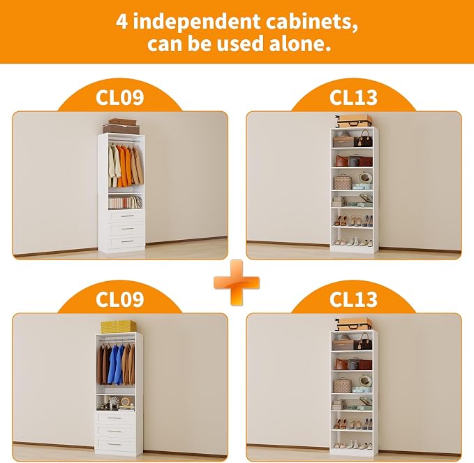 Closet System with 4 Sets, 8FT-21FT Closet Organizer Systems with 6 Drawers 14 Shelves & 6 Hanging Expandable Rods, Walk in Closet Standalone Small Corner Modular Closet Storage System White (8FT)