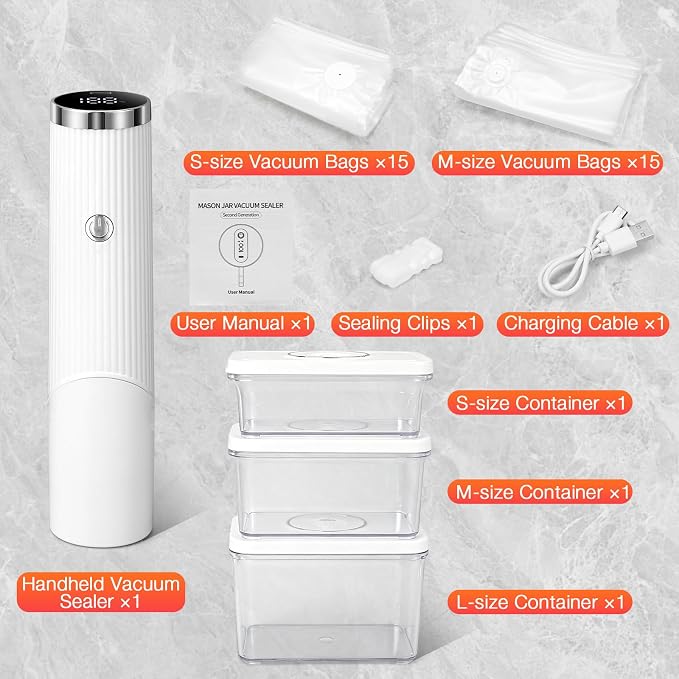 Compact Vacuum Sealer for Food, Handheld Vacuum Sealer Machine with 30 Reusable Bags + 3 Vacuum Containers, Portable Automatic Food Sealer for Freezer Storage, Travel, Camping