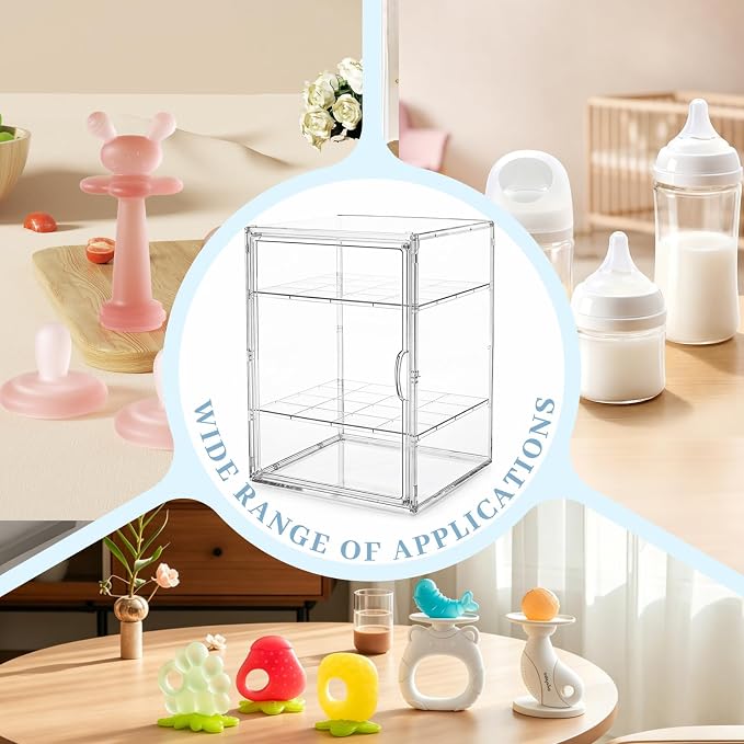 Baby Bottle Organizer, 3 Tier Bottle Storage Organizer Baby | Acrylic Bottles Storage Station with Magnetic Door and Hook for Pacifiers Pump Parts, Makeup & Bathroom Organizer