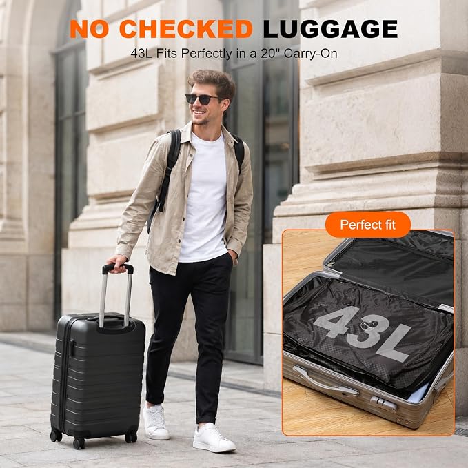 43L Max Capacity Vacuum Compression Bag with Wireless Pump - Space Saver Bag for Travel Luggage, No Checked Baggage, IP68, Reusable, Fits 20/24/28 Inch Suitcases (No Tracker)