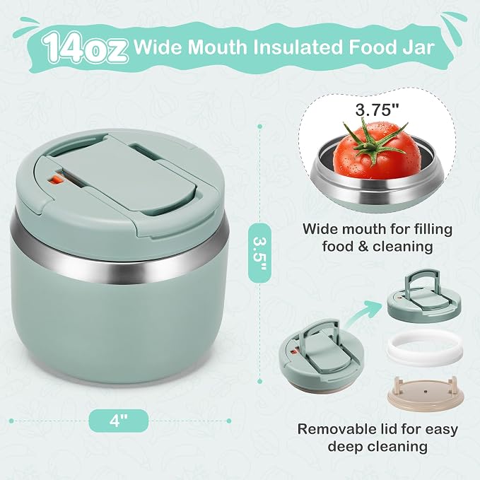MAXSO 14oz Vacuum Insulated Food Jar with Spoon Buckle Lid, Kids Soup Thermo for Hot Food Wide Mouth Leakproof Stainless Steel Lunch Container - Green