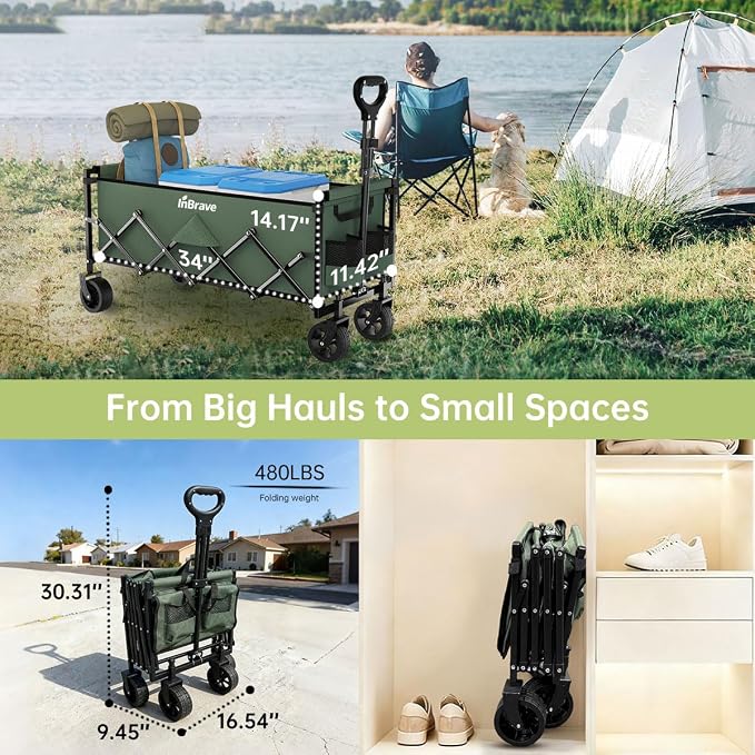 Extra Long Collapsible Wagon Cart, 480LBS Heavy Duty Utility Wagons with All-Terrain Wheels, Foldable Grocery Carts for Gardening, Shopping, Beach, Camping, Army Green