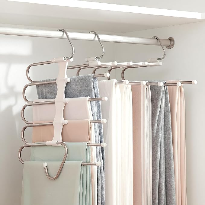 Pants Hangers Space Saving 5 Tier - 4 Pack Closet Organizers and Storage Closet Organizer,Anti-Slip Design,Closet Organizers and Storage for Pants Jeans Skirts Scarf Legging