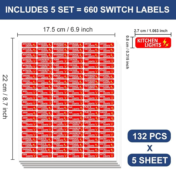 660 Pcs Circuit Breaker Box Labels, Red Electric Fuse Panel Box Identification Stickers Plugs and Lights Circuit Breaker Labels for Home Office, Electricians Catalog Load Center