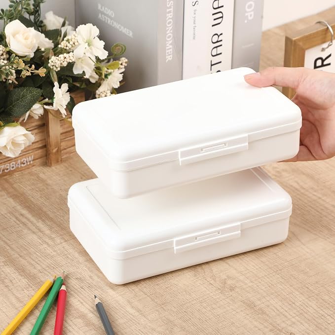 Blulu 6 Pack Large Plastic Pencil Case Box Clear Pencil Boxes Bulk Hard Crayon Box Storage with Snap Lids 8.1 x 4.7 x 2.2 Inch Painting Organizer Classroom Stationery School Supplies (White)