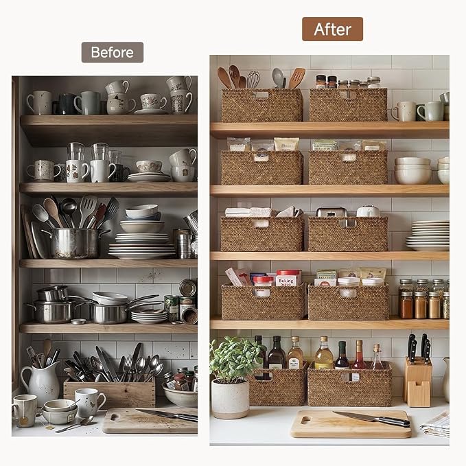 StorageWorks Extra Large Wicker Baskets for Organizing, Seagrass Baskets | Pantry Shelves, Kitchen Closet, Laundry, Bathroom, Table, Decorative, Book, Towel, Blanket, Food, Magazine, Medium, Handle