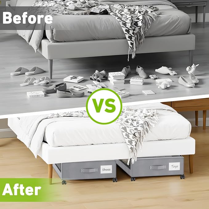 Molutsody Under Bed Storage with Wheels, 2-Pack Underbed Storage Containers with Clear Lids, Under Bed Shoe Storage Organizer Bins, Rolling Under Bed Storage for Clothes Shoes Blankets (Grey)