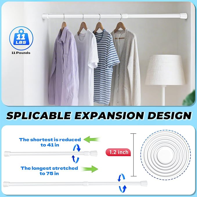 2 Pack White Tension Rods, 41"-75" Adjustable Shower Curtain Rods, Heavy Duty No Drilling Rod, 11lbs Max Load, 1.2" End Cap, 19/22mm Tube, Metal, for Bathroom, Window, Bedroom, Doorway, Closet