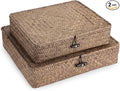Hipiwe Set of 2 Flat Woven Wicker Storage Bins with Lid Natural Seagrass Basket Multipurpose Home Boxes for Shelf Organizer (Coffee)