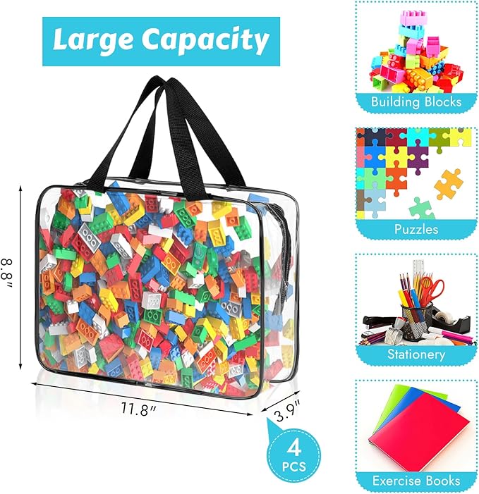 4 Pack Toy Storage Organizer Bags with Zipper, Clear PVC | Large Black Waterproof Reusable Toy Bags for Puzzles, Building Blocks, Board Game, Stationery, Kids Books