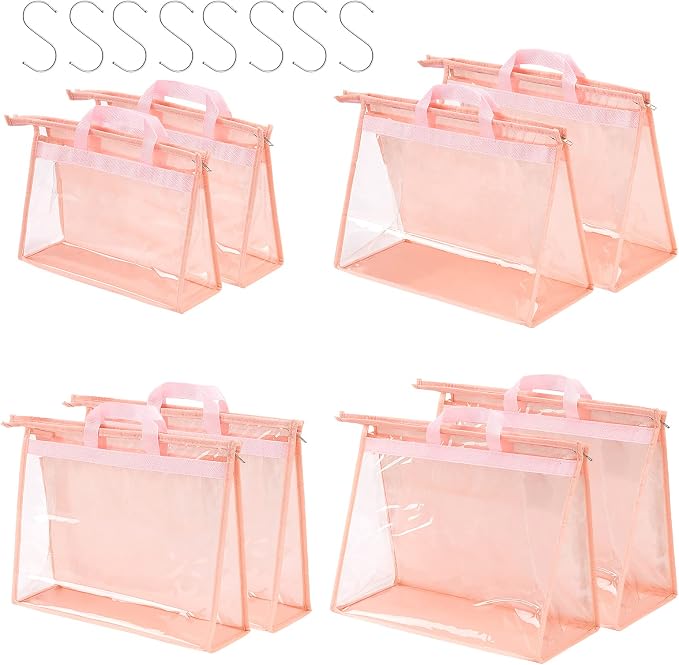 Handbag Dust Bags Clear Purse Storage Organizer for Closet Small to Extra Large Handbags Dust Free Bags Hanging Zipper Storage Bag with Hooks, (Pink, 4 Sizes-8PCS)