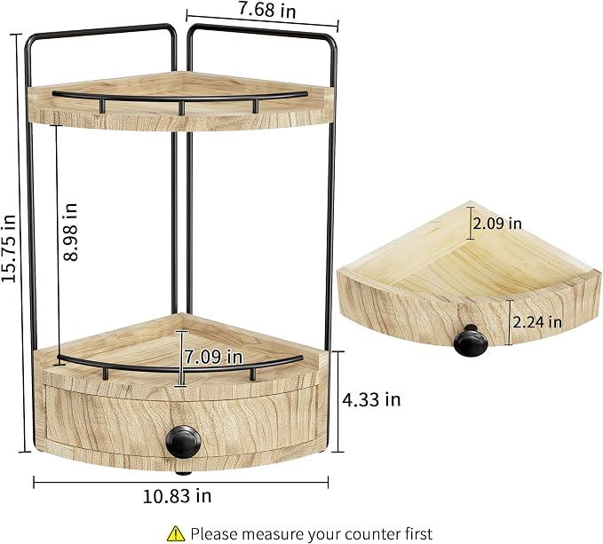 2-Tier Corner Bathroom Counter Organizer with Drawer, Wood color | Embedded Screw Holes, Wooden Countertop Organizers, Space-Saving, Bottom Ventilation Design, Counter Shelf for Vanity