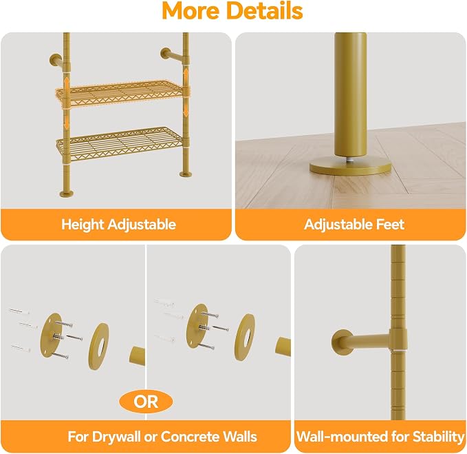 Higeego W5 Adjustable Clothing Rack, Wall Mounted Closet System Expandable Clothes Rack Adjustable Shelves, Heavy Duty Pipe Wardrobe for Walk-in/Reach-in Closet, 9-12 ft Wide 1300LBS Load, Gold