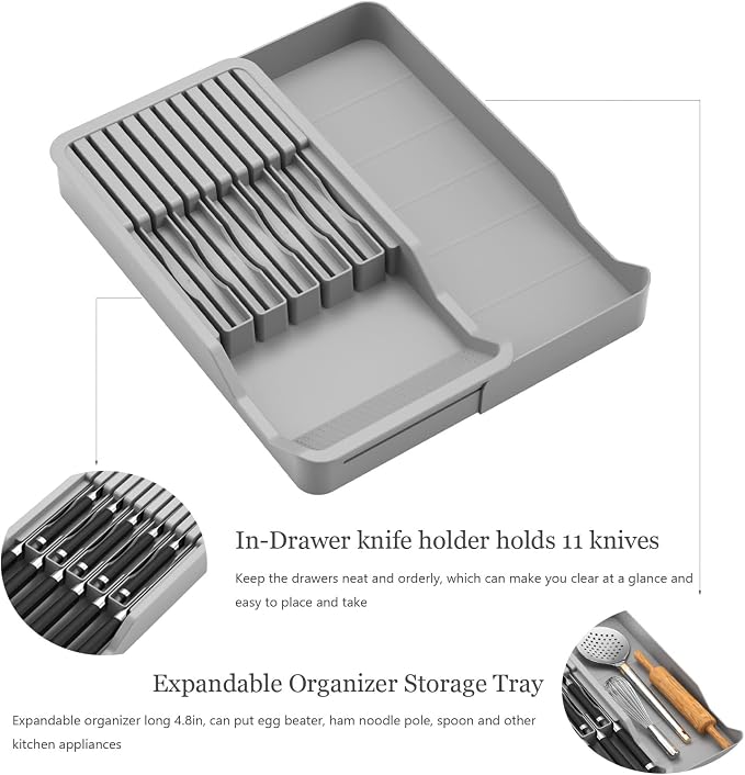 Drawer Knife Organizer Insert with Expandable Tray Fit 11 Knives | Adjustable Plastic Knife Storage Tray Hold Kitchen Tool, BPA-Free, Ventilated, Space-Saving, Easy to Clean