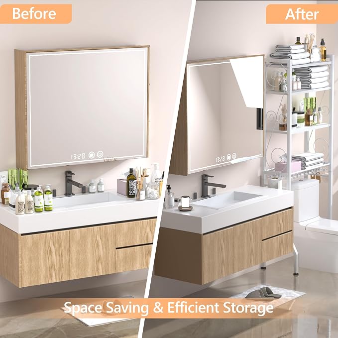 Aduanbang 4 Tier Over The Toilet Storage Rack, Bathroom Organizer Shelf with Basket, Adjustable Shelves, Freestanding Space Saver for Small Bathrooms (White)