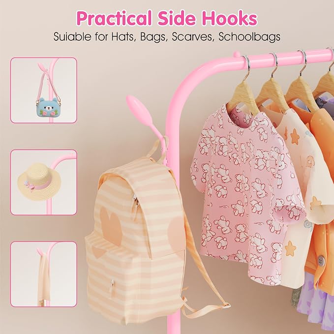 Kids Clothes Rack for Ages 3-6, Montessori Kids Clothing Rack, Pink | Kids Dress up Rack with Bottom Shelf & Side Hooks, Toddler Wardrobe Rack for Bedroom, Playroom, Nursery & Small Room Storage