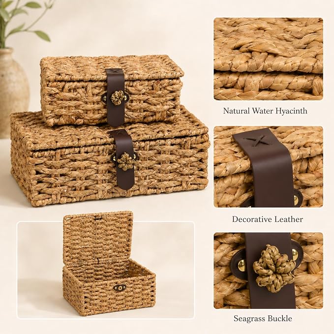 Set of 2 Decorative Box,Woven Storage Baskets with Lid, Water Hyacinth Decorative Boxes for Home Decor, Coffee Table,Entry Table,Mantle,Shelf