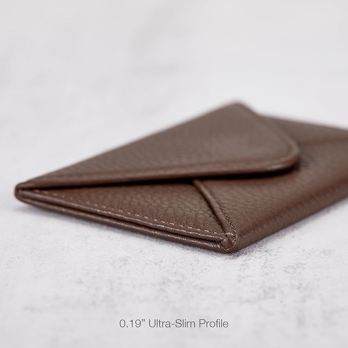 HISCOW Italian Pebbled Leather Business Card Holder, Minimalist Full Grain Envelope Card Case with Hidden Magnetic Closure, 0.19 Inch Slim Front Pocket Wallet for Men and Women, Chocolate