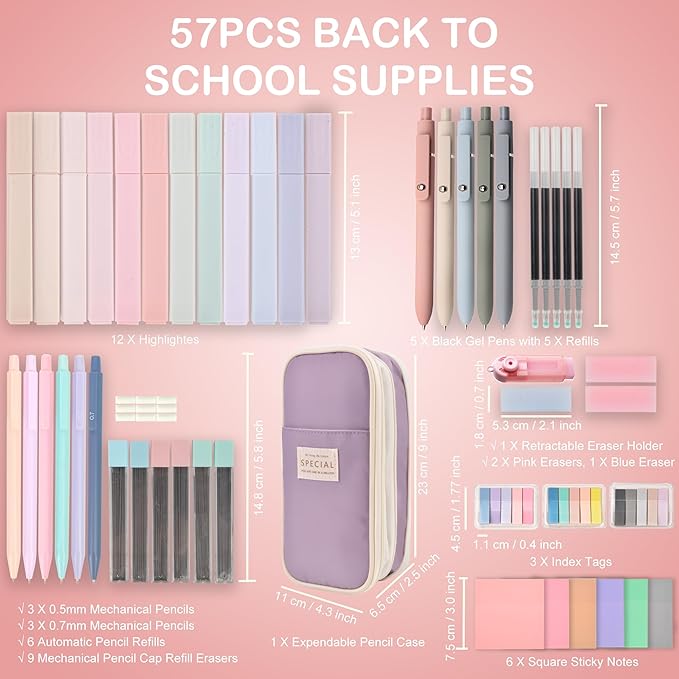 Aesthetic School Supplies with Pencil Pouch - 57 Pcs Cute College Essentials Set, Big Capacity Pen Case, Eraser Holder, Pastel Highlighters, Bible Study Journaling Stationary Kit for Girls Teens