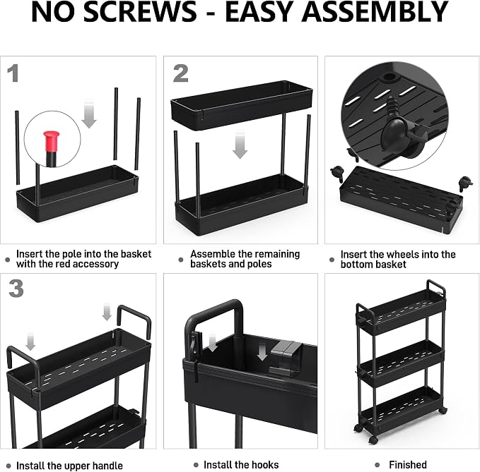 SOLEJAZZ Slim Rolling Storage Cart Skinny Bathroom Organizer, 3 Tier, Black | Thin utility cart with wheels for bathroom, laundry room, bedside, kitchen, dorm, office, next to fridge, small narrow places