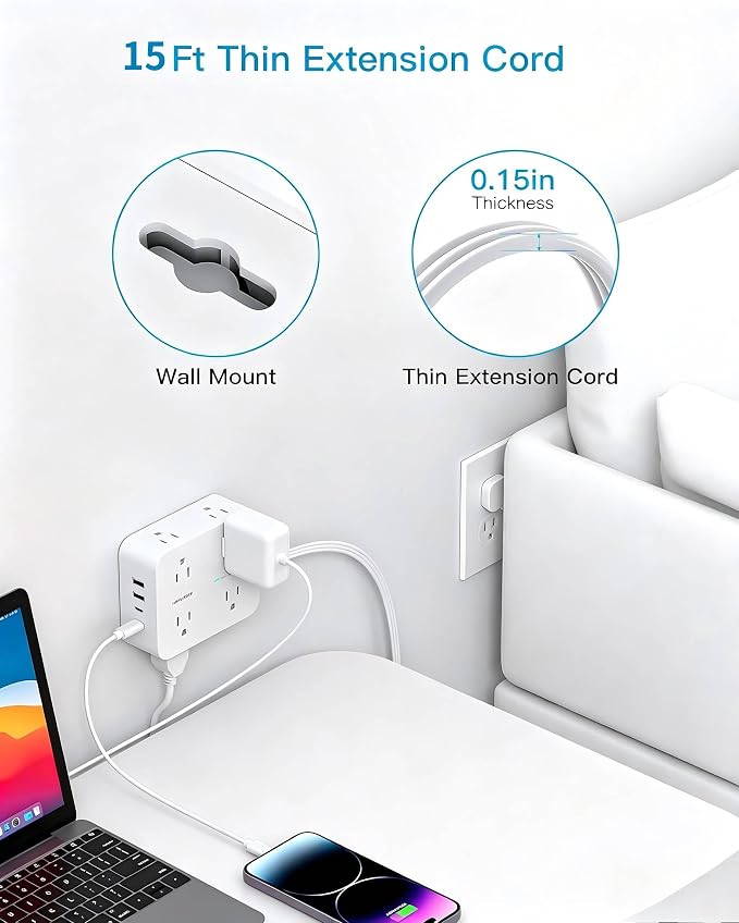 15Ft Long Extension Cord with Ultra-Thin Flat Plug, 8 Widely Spaced Outlets | 4 USB Ports (2 USB C), 1080J Surge Protected Power Strip for Home Office, College Dorm Room Essentials, Wall Mount