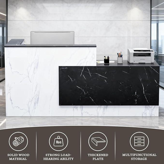 L-Shaped Large Wooden Reception Desk, Modern Front Desk Reception Counter with Lockable Drawers, Storage & Keyboard Tray for Office Lobby Checkout (Right-Black & White, 71''L x 42''W x 41''H)