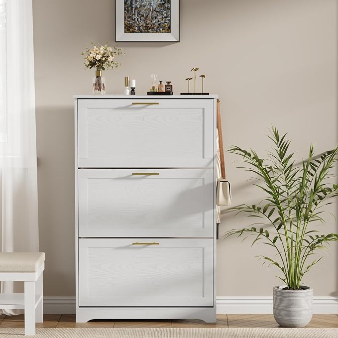 Shoe Cabinet Organizer with 3 Flip Drawers, Modern Narrow Shoe Cabinet with Metal Handles, Freestanding entryway Organizer with 2 Adjustable Shelves & 2 Hooks, for Foyer, Hallway, White