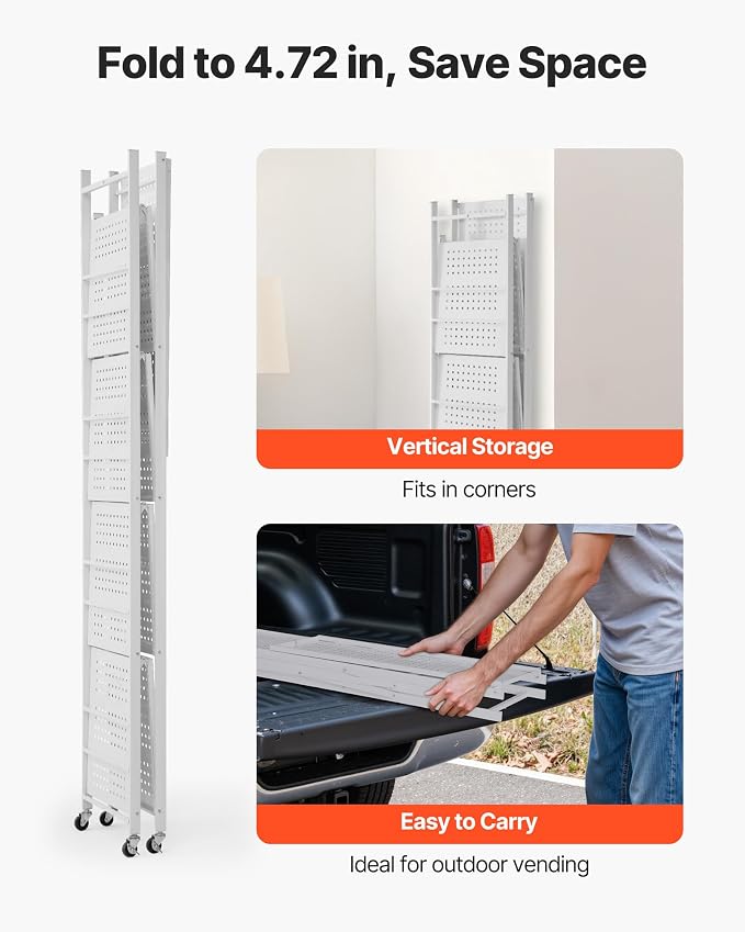VEVOR 5-Tier Foldable Storage Shelf, 32W x 14D x 72H Inch Folding Metal Rack Shelving Unit, Heavy Duty No Assembly Organizer Shelf with 5 Wheels & 4 Hooks for Pantry, Kitchen, Garage, Basement, White