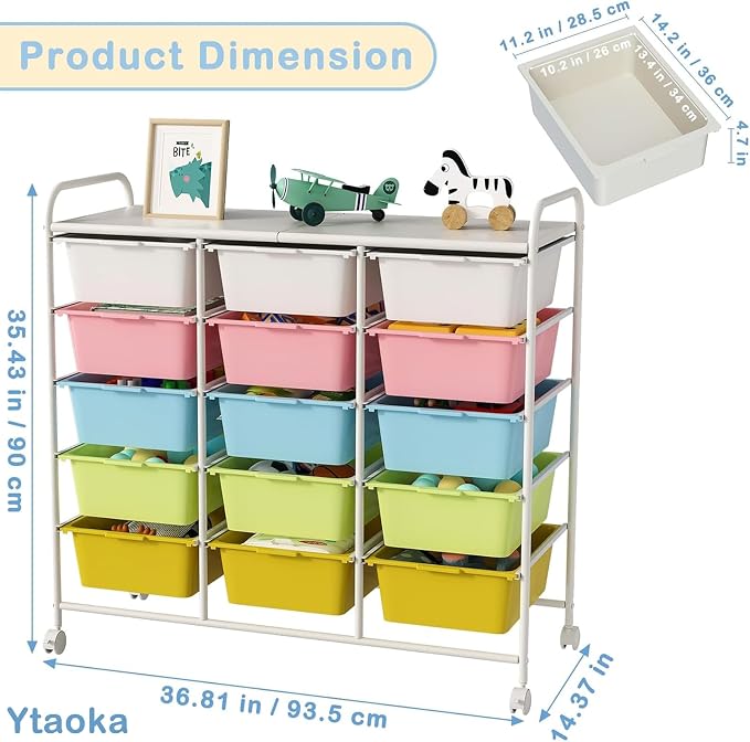 Ytaoka 15 Drawers Rolling Cart With Wheels, Plastic Storage Drawer With Metal Frame, Multipurpose Art Craft Organizer, Utility Cart for Home, Office, School, Multicolor