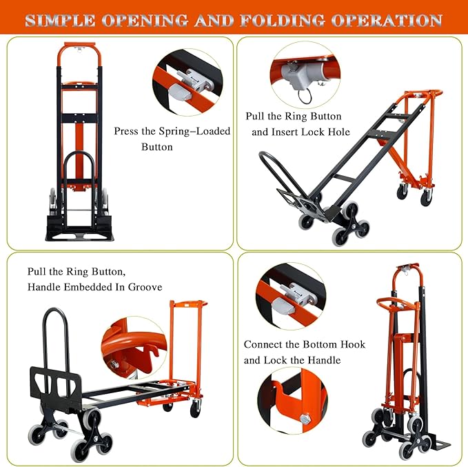 4 in 1Convertible Hand Truck Dolly for Stairs,1000 LBS Capacity Steel Hand Truck,Hand Trucks Heavy Duty Dolly Cart with Stair Climbing Wheels for Moving,Transport (Orange)