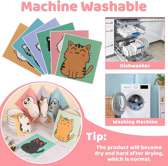 6 Pack Swedish Dishcloths for Kitchen, Cat Gifts for Cat Lovers Swedish Rags Absorbent Dish Cloth with Adhesive Clips, Reusable Paper Towels No Odor for Countertop Sink Kitchen Cat Mom Gift for Women