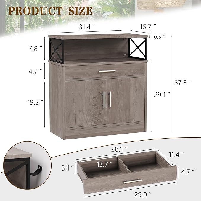 Meilocar Buffet Cabinet, Coffee Bar Cabinet, Sideboard with Storage and Drawer, Farmhouse Storage Cabinets, Wooden Kitchen Cabinets for Living Room, Hallway, Ivory