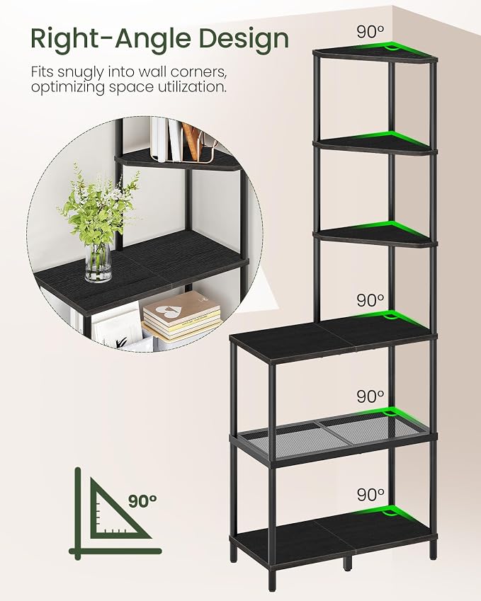 CHOEZON 6-Tier Corner Shelf, Industrial Corner Bookshelf with Desk Top, Diamond-Shaped Storage Shelves, Display Stand for Small Spaces, Living Room, Home Office, Foyer, Black TCJ70BB