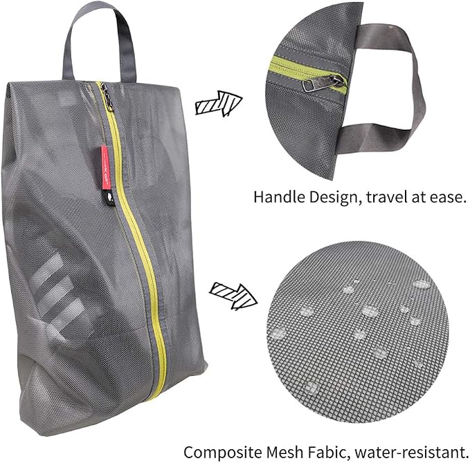 pack all Plus-Sized Shoe Bag for Travel, Water-Resistant Shoe Pouch for Gym, Odor-Resistant Soccer Cleats Bag for Sport (Grey, 2-Pack)