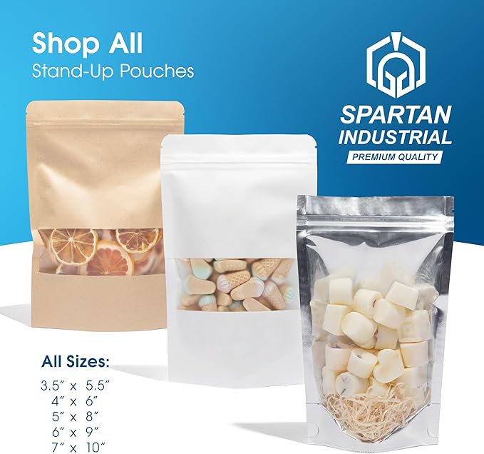 Spartan Industrial - 4" X 6" Kraft Paper Resealable Stand-Up Pouches - Pack of 1000 Small Smell-Proof Storage Pouches for Food Packaging, Pet Treats, Cosmetics, and More