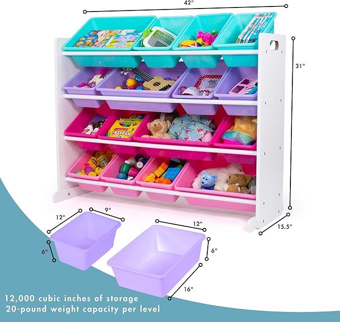 Humble Crew Toy Storage Organizer with 16 Removable Storage Bins for Kids Playroom, 4-Tier Toddler Toy Organization and Storage, White/Blue/Pink/Purple